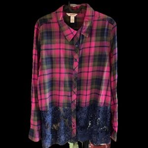 Y2K Pink and Blue Plaid with Lace Button Up